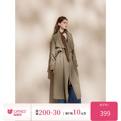 猫酱紫 莱赛尔亚麻大翻领风衣女收腰中长款简约气质通勤外套