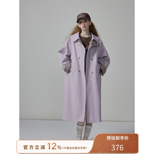 猫酱紫 格纹拼接风衣女秋季复古翻领宽松气质中长款纯棉外套