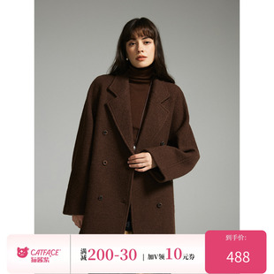 经典 100%绵羊毛翻领长短款 猫酱紫 大衣通勤气质毛呢外套 现货