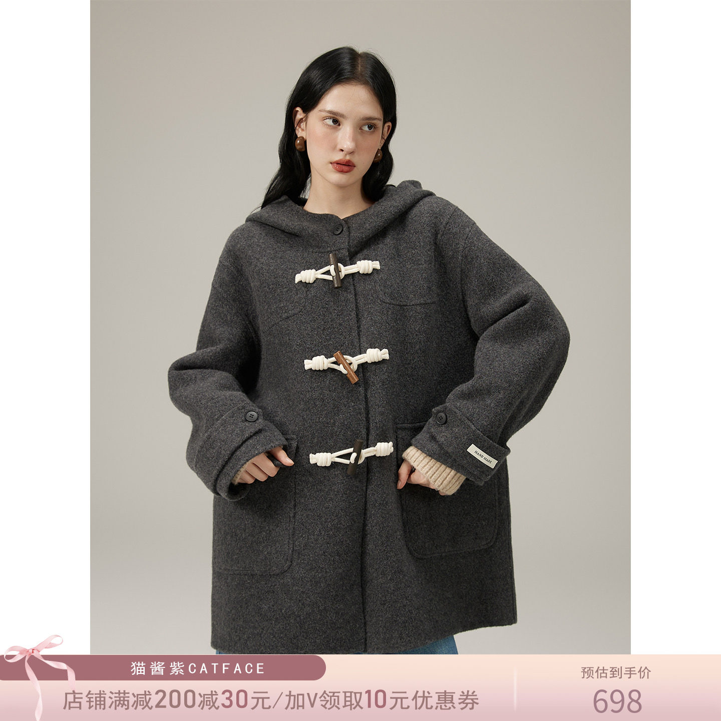 猫酱紫 短款仿牛角扣连帽双面呢大衣女学院风复古毛呢外套