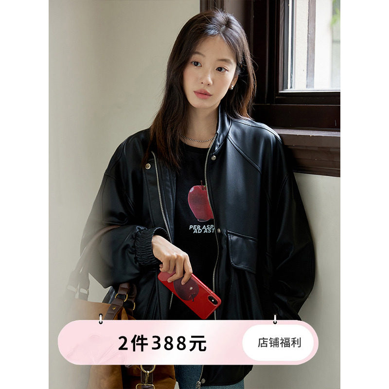 猫酱紫黑色复古立领皮衣外套女秋季休闲机车夹克宽松上衣,女装/女士精品,短外套,淘宝优惠券,粉丝福利购,淘宝优惠卷