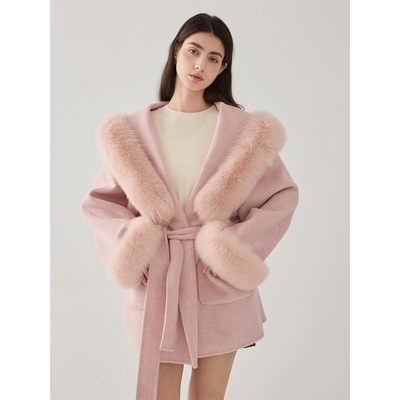 猫酱紫 千金感狐狸毛领连帽大衣女冬100%绵羊毛高级感双面呢外套