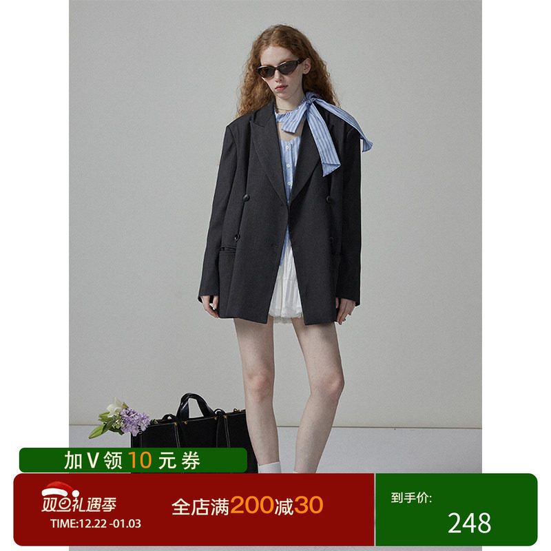 猫酱紫设计感纯色西装女春季宽松廓形翻领外套