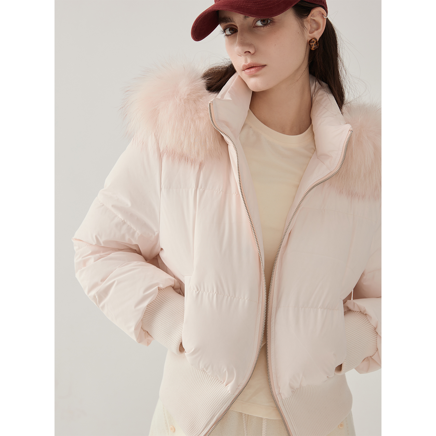 猫酱紫貉子毛领短款90白鹅绒服女秋冬高级感简约收腰羽绒服