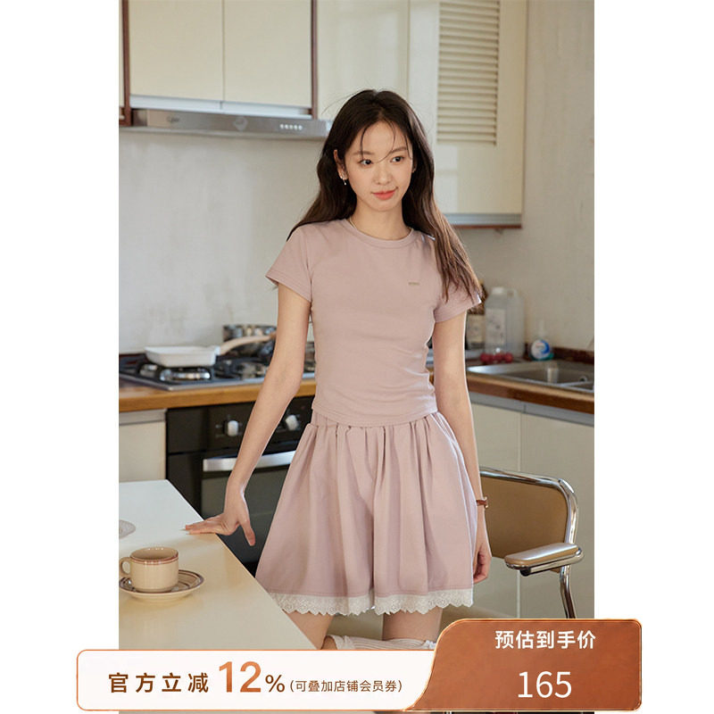 【现货】猫酱紫短袖花边套装女夏芭蕾风两件套图片