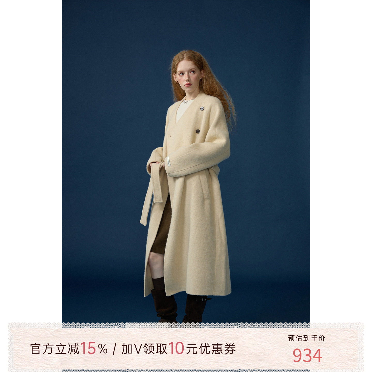 猫酱紫简约廓形长款双面呢外套女秋冬高级感围巾毛呢外套