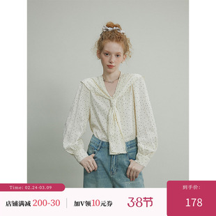 猫酱紫 波点领结衬衫女法式复古长袖上衣V领假两件设计感衬衣