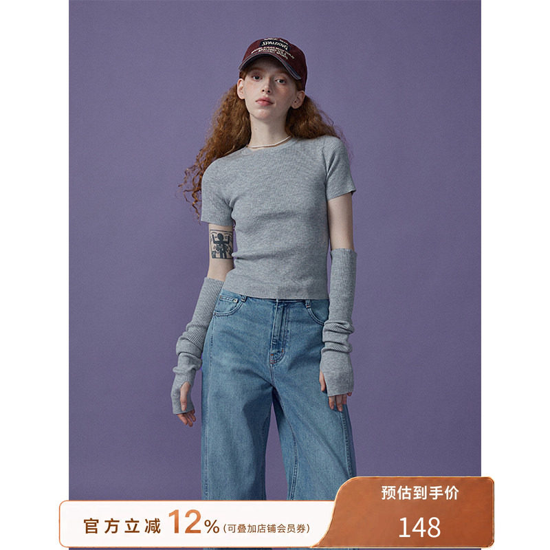 猫酱紫 袖套针织女圆领多巴胺短袖两穿设计感小众上衣图片