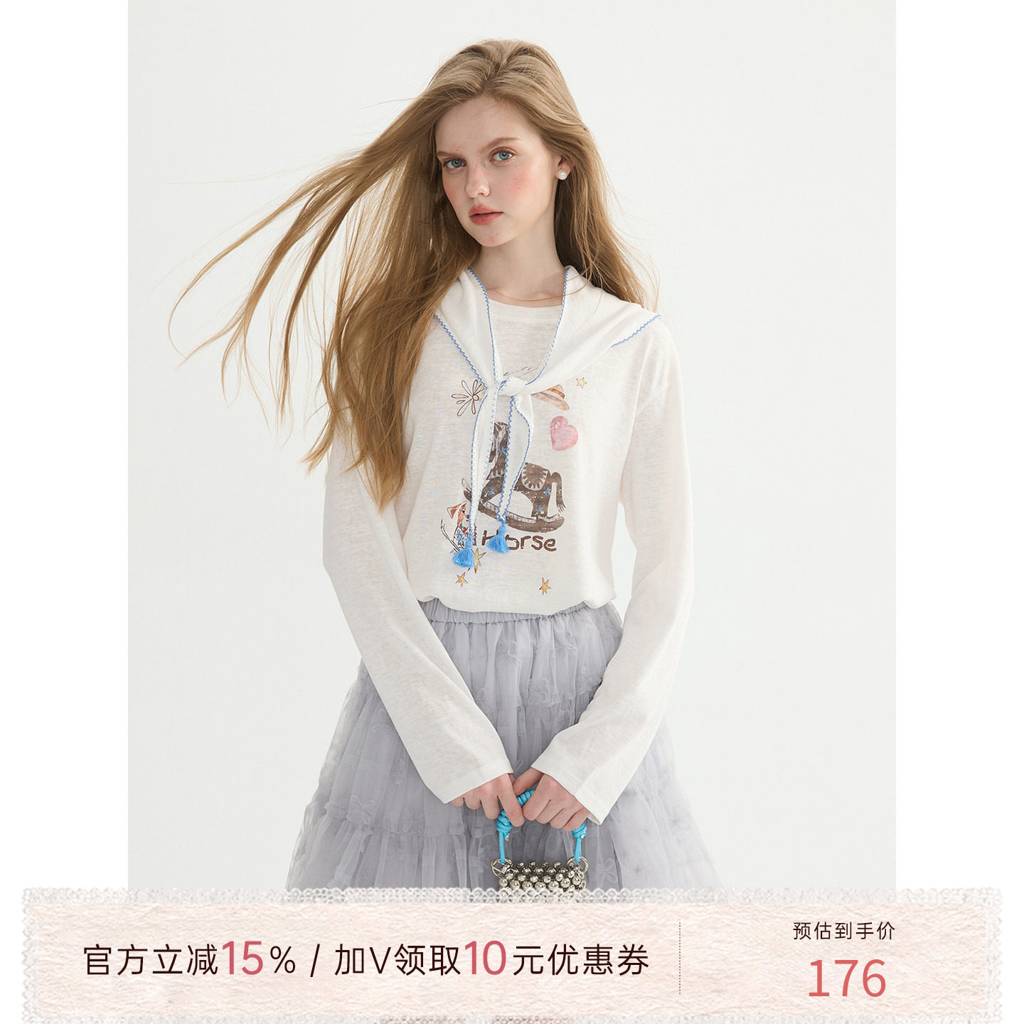 猫酱紫 小马领巾T恤女春夏款撞色流行好看长袖休闲宽松圆领上衣