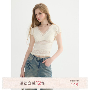 猫酱紫 法式蕾丝T恤女夏季V领收腰修身上衣漂亮纯欲风短款小衫