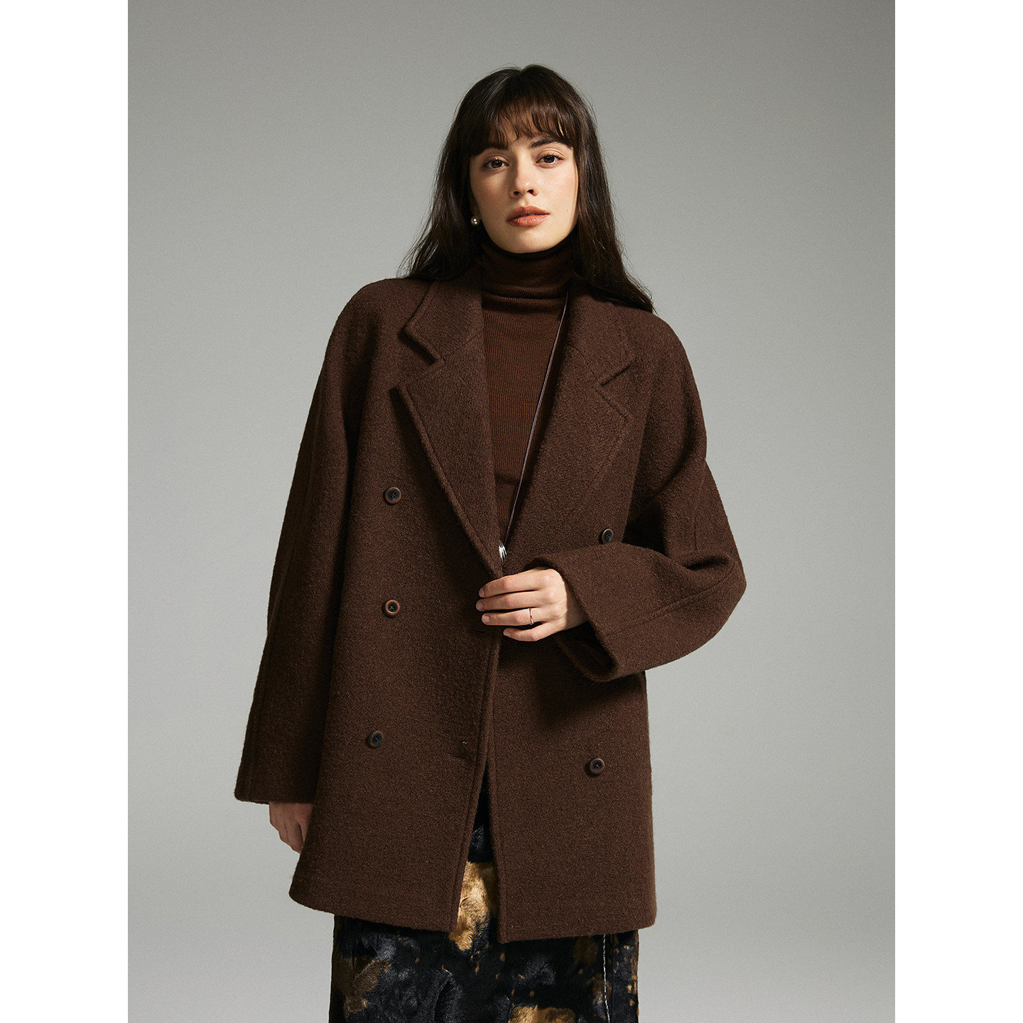 猫酱紫100%绵羊毛翻领长短款经典1o18o1毛呢大衣女廓形外套