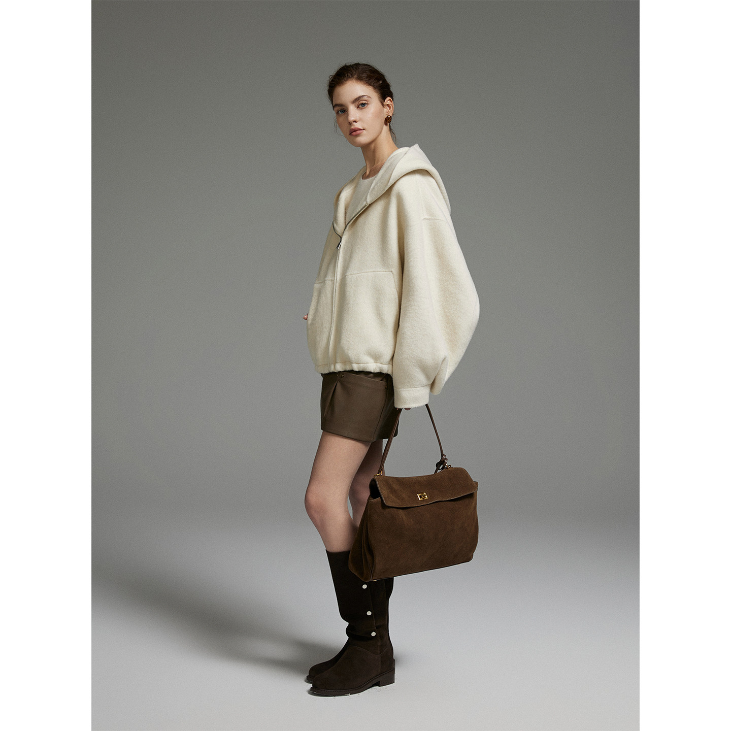 猫酱紫 抽绳双面呢大衣女宽松设计感高智通勤连帽毛呢外套