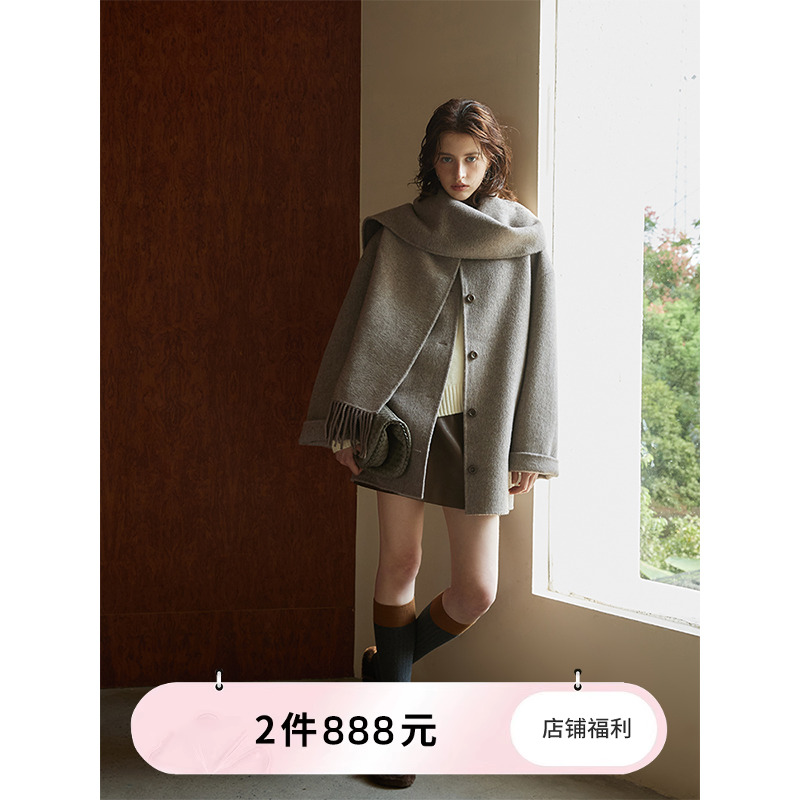 猫酱紫100绵羊毛短款双面呢大衣