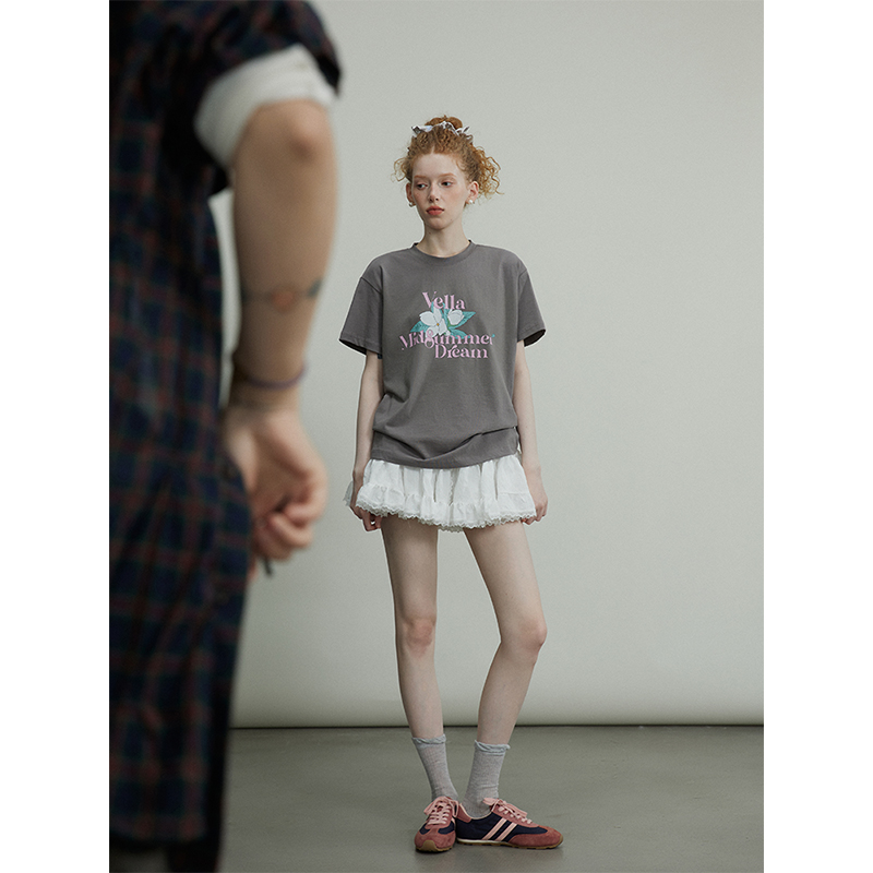 猫酱紫仲夏夜花花印花短袖T恤/设计感蓬蓬裙