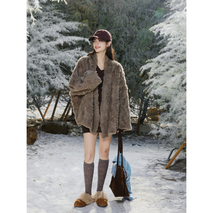猫酱紫慵懒感仿皮草毛毛外套/飘带露肩毛衣