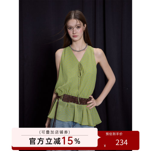 猫酱紫 V领波点辣妹风上衣女夏季法式复古无袖衬衫（送腰带）