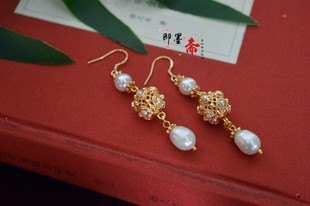 【即墨斋】古装汉服旗袍配饰 仿李静训珍珠蜻蜓眼耳环坠子