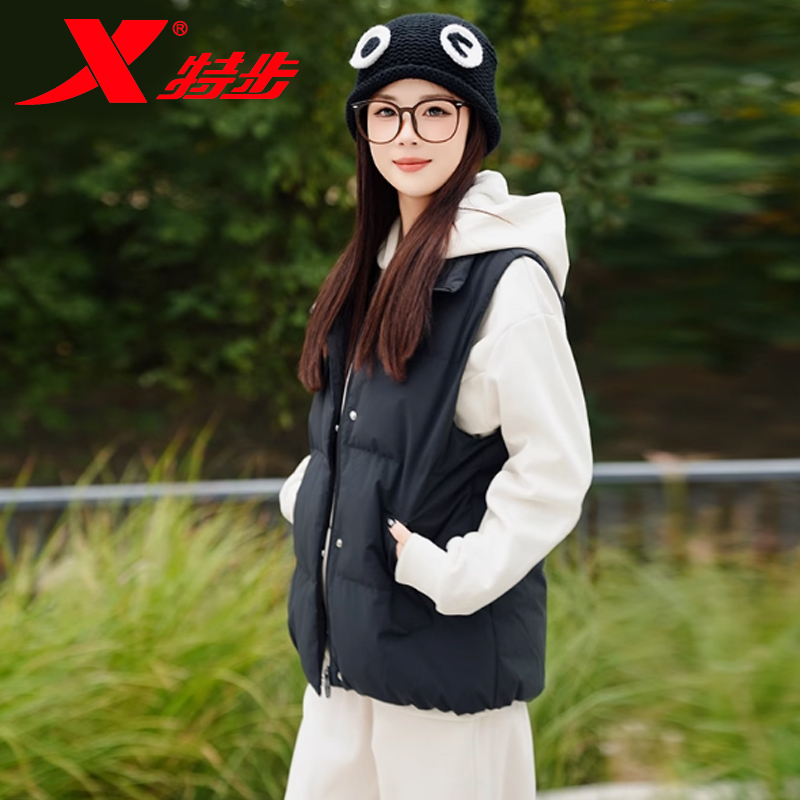 xtep特步白色羽绒马甲女加厚防风 黑色中年立领羽绒服无袖运动服