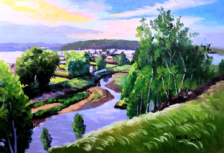 家乡,原创手绘风景油画,装饰,辽宁美协会员,鲁迅美术学院,温钦画