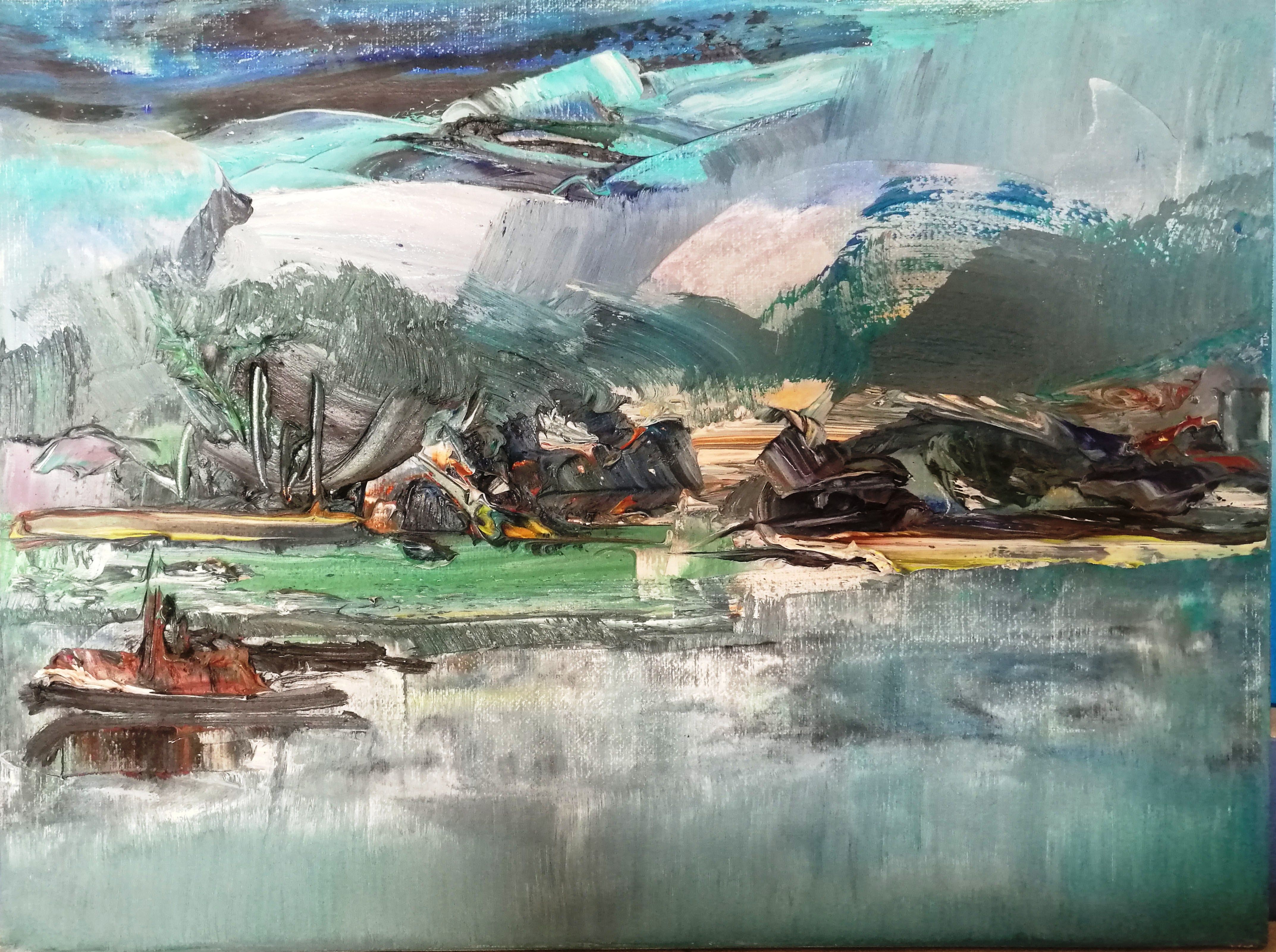 小景二,大写意油画家王柏松,抽象化色块中式意象风景油画结婚礼品