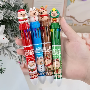 韩国创意卡通可爱圣诞圆珠笔卡皮巴拉十色笔圣诞老人彩色手账笔