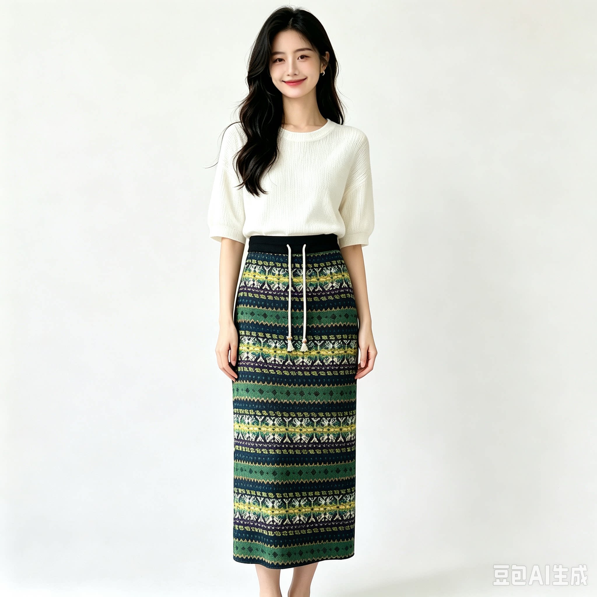 民族风提花针织毛线过膝半身裙女2026年秋冬新款复古百搭保暖长裙