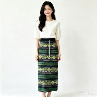 民族风提花针织毛线过膝半身裙女2026年秋冬新款复古百搭保暖长裙