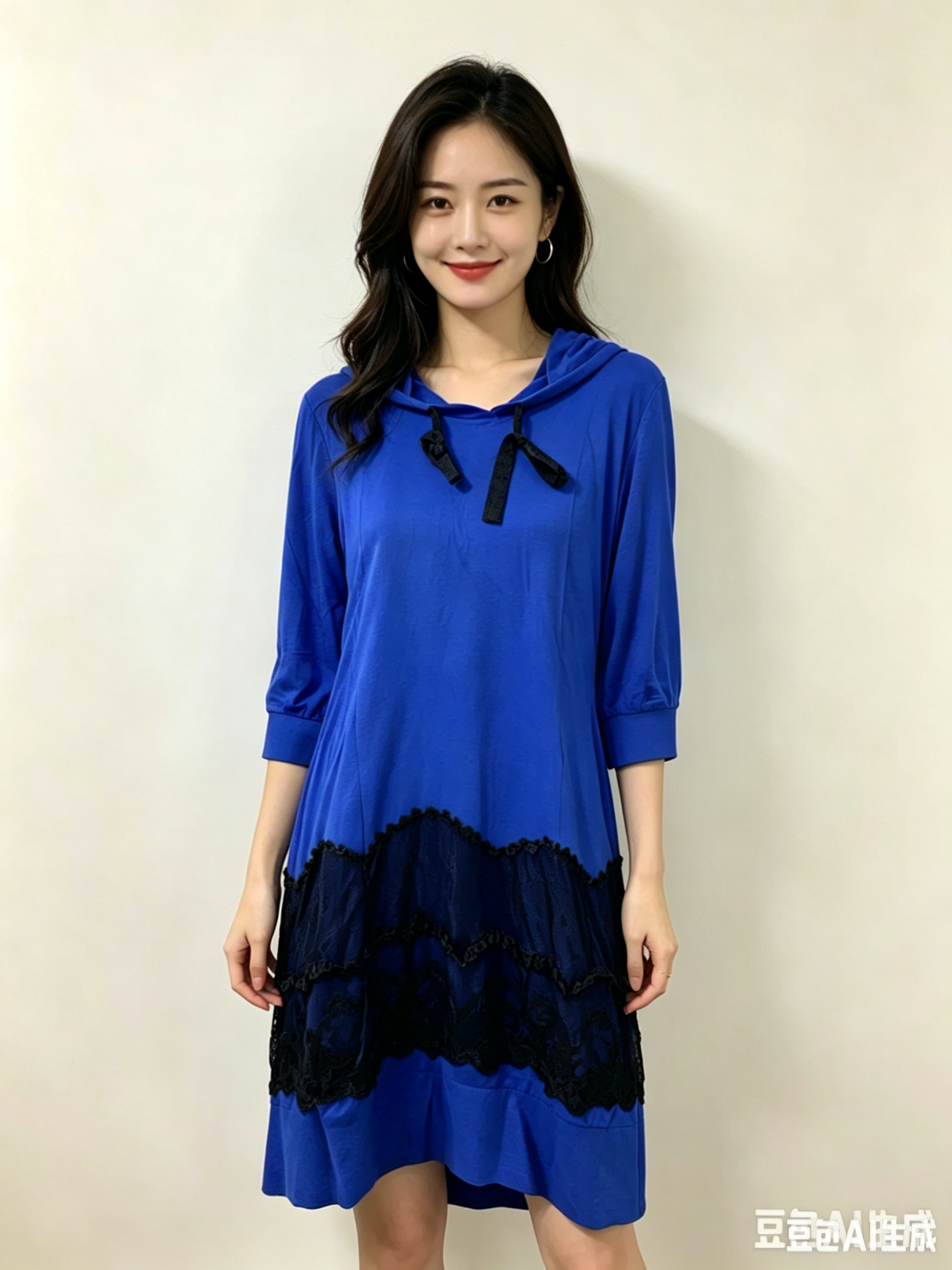 K2专柜韩系蕾丝拼接连帽中袖连衣裙女2026春秋新款时尚宽松中长裙