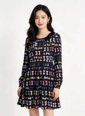 衣讯高品质夏装圆领连衣裙洋气时尚显瘦女春秋季新款长袖提花裙子