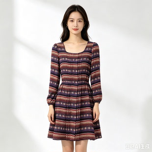 girl波西米亚民族风连衣裙2026春秋雪纺复古气质收腰长袖连衣裙女