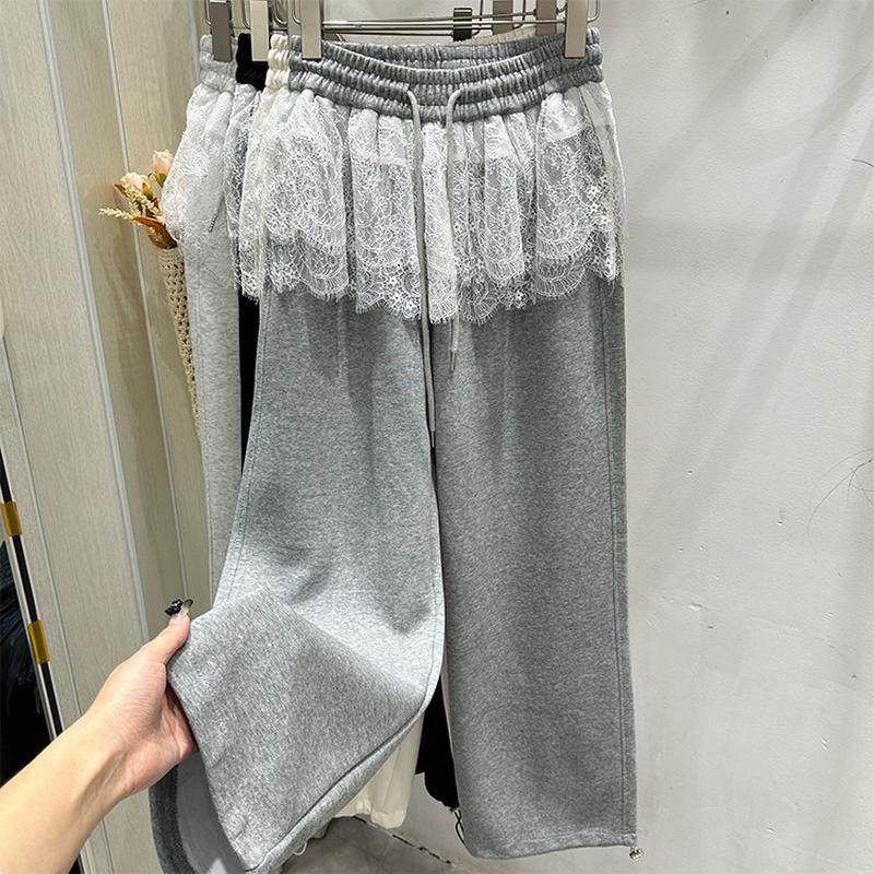 蕾丝拼接屁帘休闲裤女士春装束脚卫裤小个子今年流行爆款运动裤子