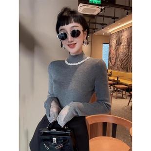 显瘦打底衫 爆款 女秋冬半高领修身 气质蕾丝拼接钻领针织衫 毛衣 推荐
