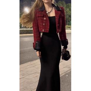 千鸟格红色外套女2025春秋季新款小香风高级感外搭短款小个子上衣