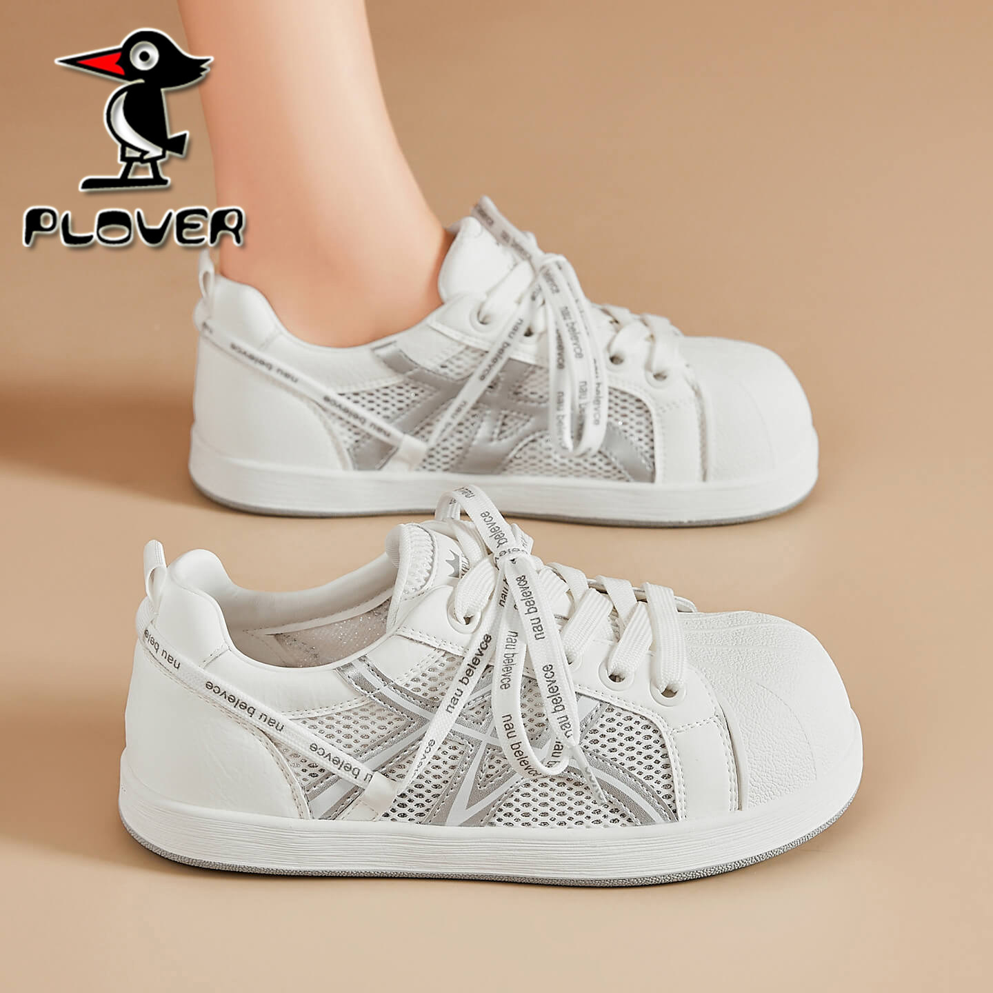 PLOVER真皮网面小白鞋女夏时尚休闲鞋