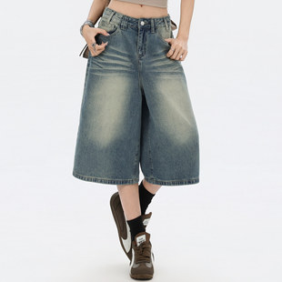 新款 美式 复古水洗阔腿七分牛仔裤 女夏季 高腰显瘦直筒百搭宽松中裤