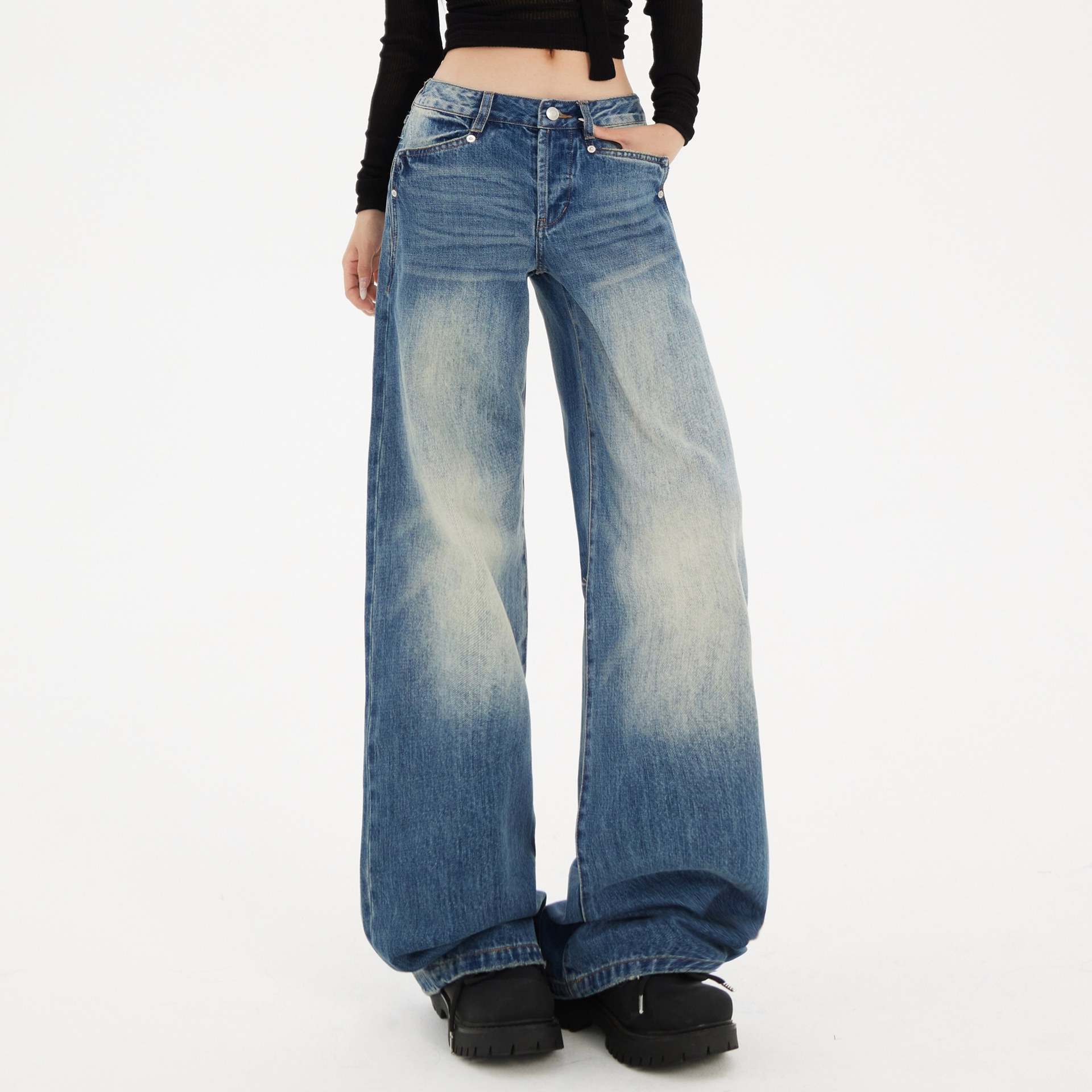 不贴腿宽松百搭垂感拖地牛仔长裤