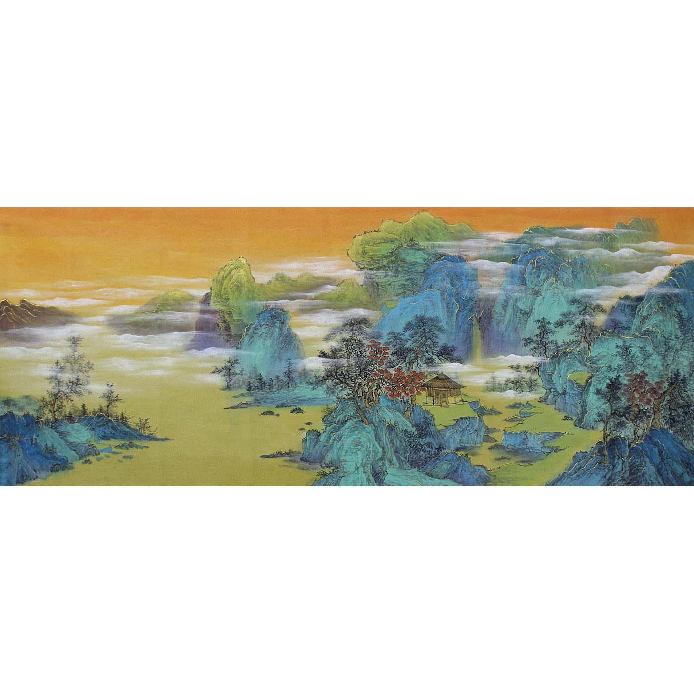 小六尺纯手绘国画山水挂画青绿山脉云雾仿古书房客厅背景墙未裱画