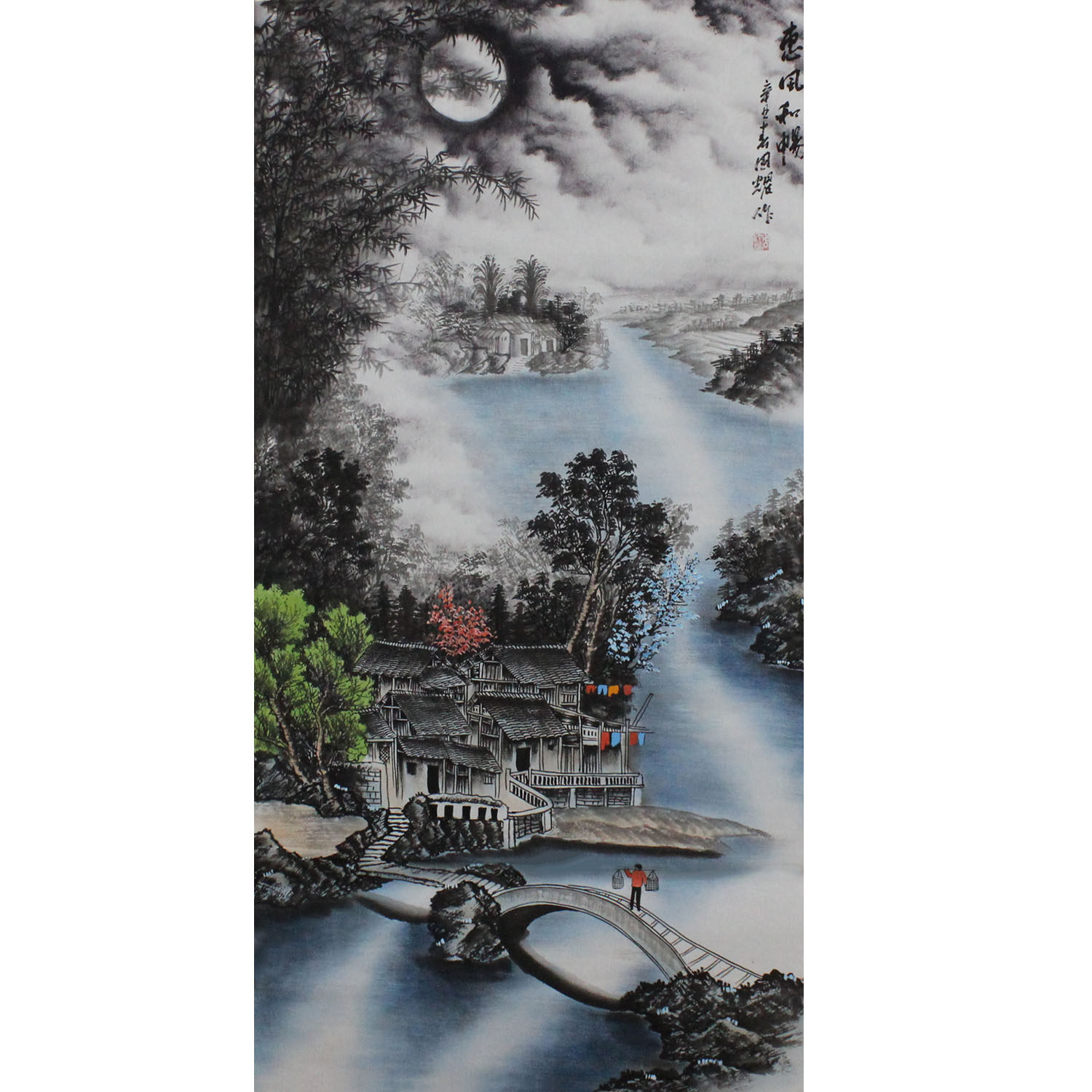四尺纯手绘国画山水画玄关装饰画月夜风和字画江南水乡竖幅画未裱
