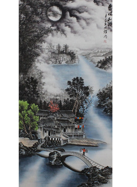 四尺纯手绘国画山水画玄关装饰画月夜风和字画江南水乡竖幅画未裱