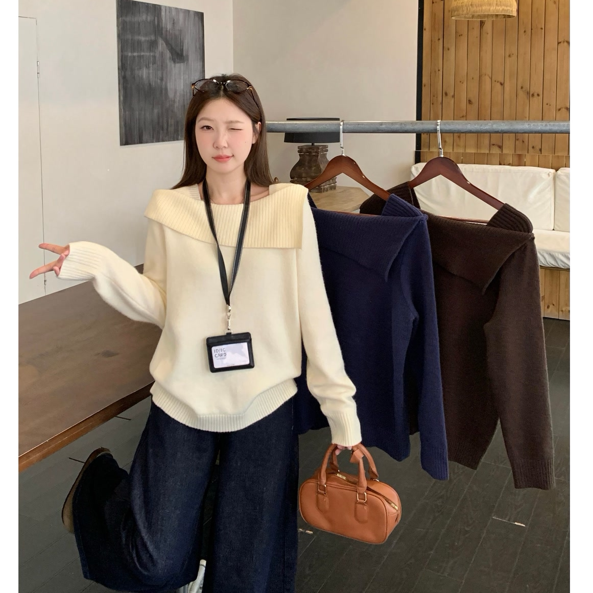 大码女装一字领针织衫女秋冬宽松显瘦遮肉慵懒风毛衣