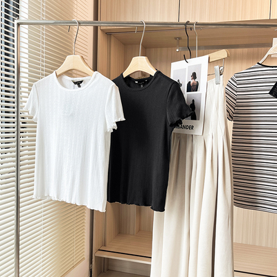 夏季新款纯色简约镂空圆领T恤女