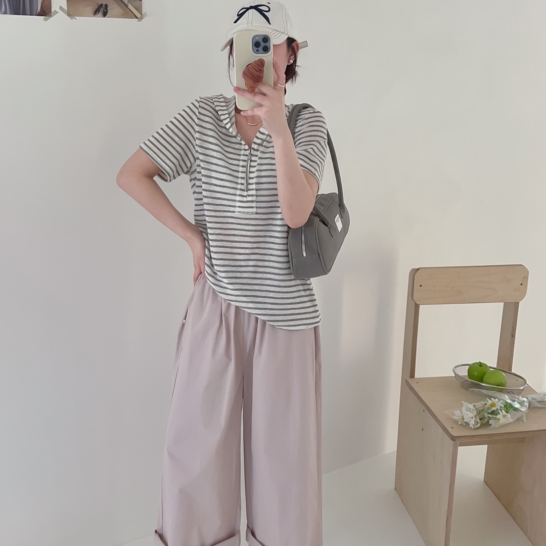 韩系时尚半开拉链连帽短袖T恤女