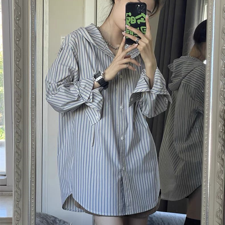 秋季新款时尚百搭条纹连帽衬衫女