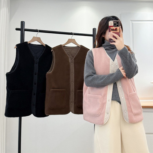 秋冬大码两面穿颗粒绒显瘦马甲女