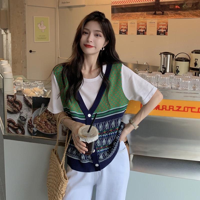 JIUHUAMU大码减龄百搭显瘦假两件针织衫女夏季宽松遮肉短袖上衣