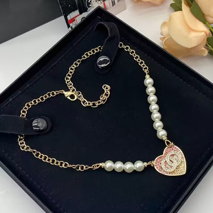 23年新款小香风爱形链心形双C水钻珍珠项链欧美个性时尚毛衣链女