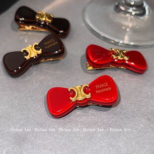 新款时尚凯旋门发夹蝴蝶结头饰夹子红色过年边夹侧边气质刘海前额