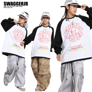 SWAG儿童街舞潮服男女童印花插肩长袖hiphop裤子街舞演出服酷套装