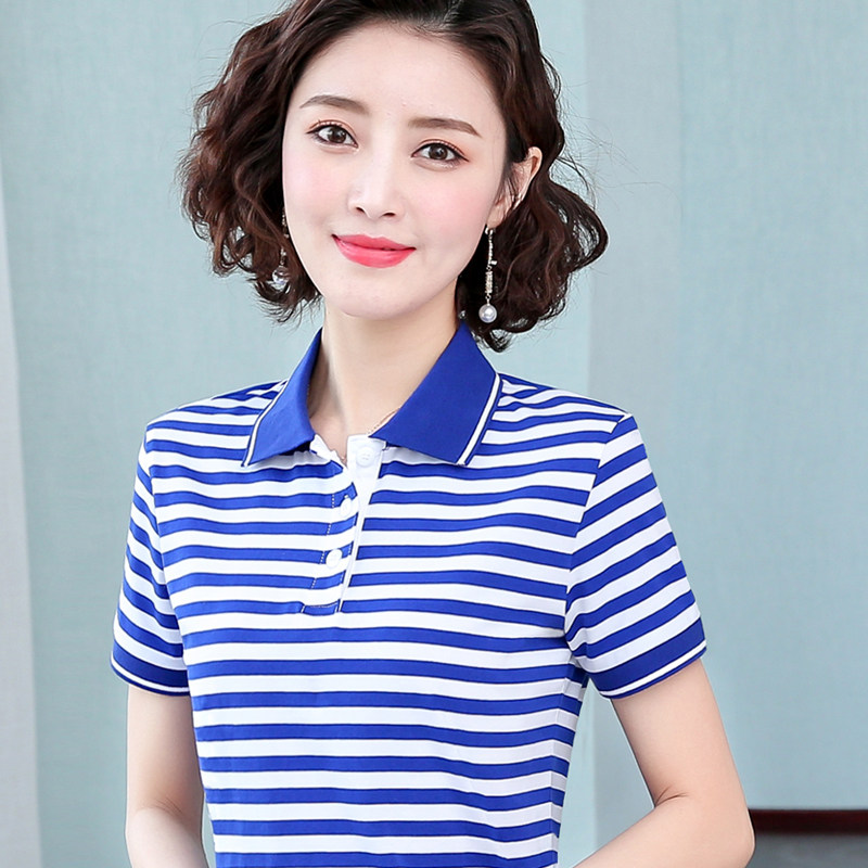 翻领海魂衫女夏季纯棉短袖t恤 蓝白条纹有带领半袖军迷水手polo衫