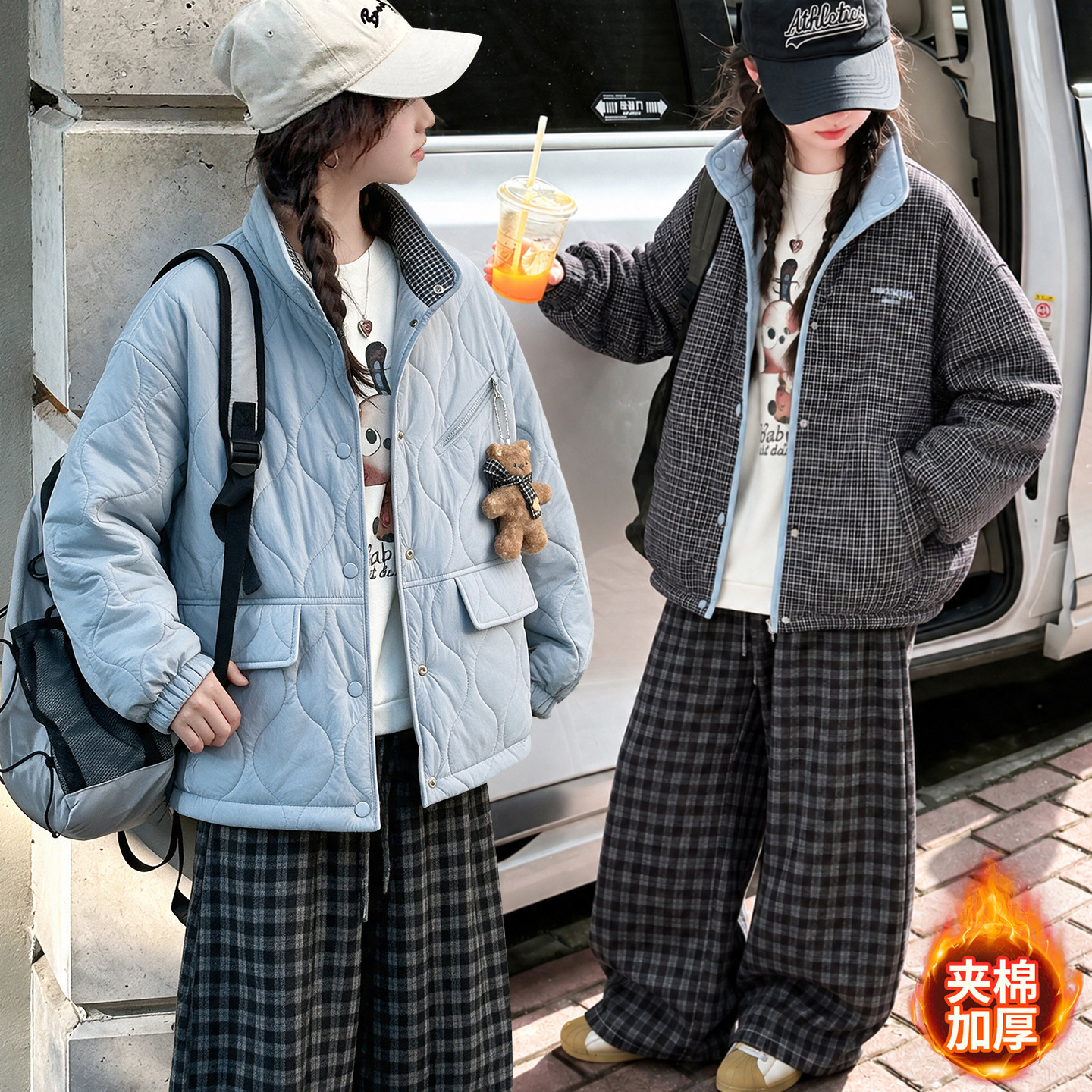 女童韩系双面穿外套秋冬季中大童宽松轻薄棉服上衣潮儿童保暖休闲